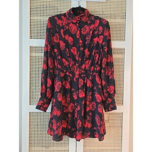 The Kooples Dots & Roses Black Silk Dress FR 2 Red Floral Long Sleeve High Neck,